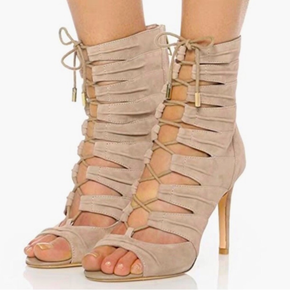 Joie Beige Anja Lace-Up Heeled Suede Cage Booties w/Box